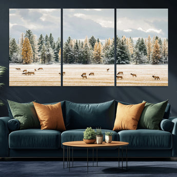 64188182-MGV-CV-36X24-Elk Herd Wall Art Canvas Print, Framed Snowy Forest Art Picture Print, Forest Elks Perfect Neutral Rustic Decor Artwork