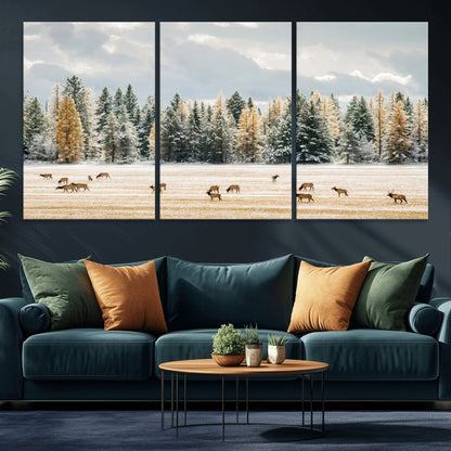 64188182-MGV-CV-36X24-Elk Herd Wall Art Canvas Print, Framed Snowy Forest Art Picture Print, Forest Elks Perfect Neutral Rustic Decor Artwork