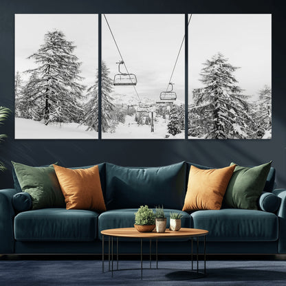 55003599-MGV-CV-36X24-Snowy Ski Lift Wall Art Canvas Print, Framed Winter Forest Art Picture Print, Ski lift Ride Perfect Winter Lodge Decor Artwork