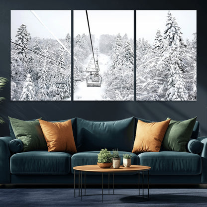 60296839-MGV-CV-36X24-Snowy Mountains Wall Art Canvas Print, Framed Ski Lift Art Picture Print, Winter Forest Perfect Winter Minimalist Decor Artwork