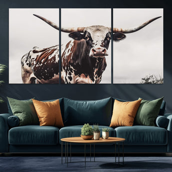 95249234-MGV-CV-36X24-Texas Longhorn Wall Art Canvas Print, Framed Spotted Bull Art Picture Print, Horned Cattle Perfect Rustic Farmhouse Decor Artwork