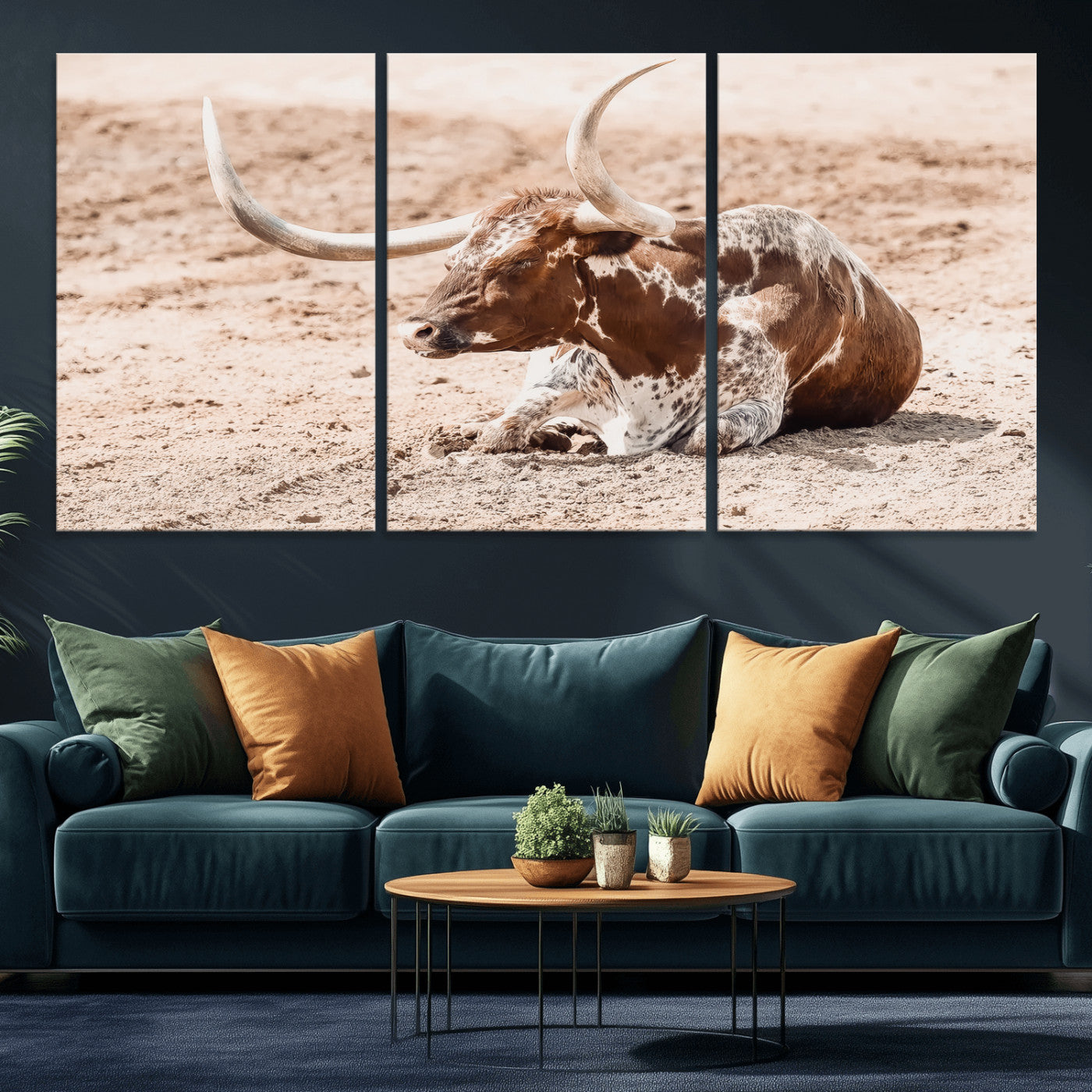 91248682-MGV-CV-36X24-Texas Longhorn Wall Art Canvas Print, Framed Resting Bull Art Picture Print, Spotted Cattle Perfect Rustic Western Decor Artwork