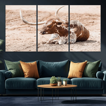 91248682-MGV-CV-36X24-Texas Longhorn Wall Art Canvas Print, Framed Resting Bull Art Picture Print, Spotted Cattle Perfect Rustic Western Decor Artwork
