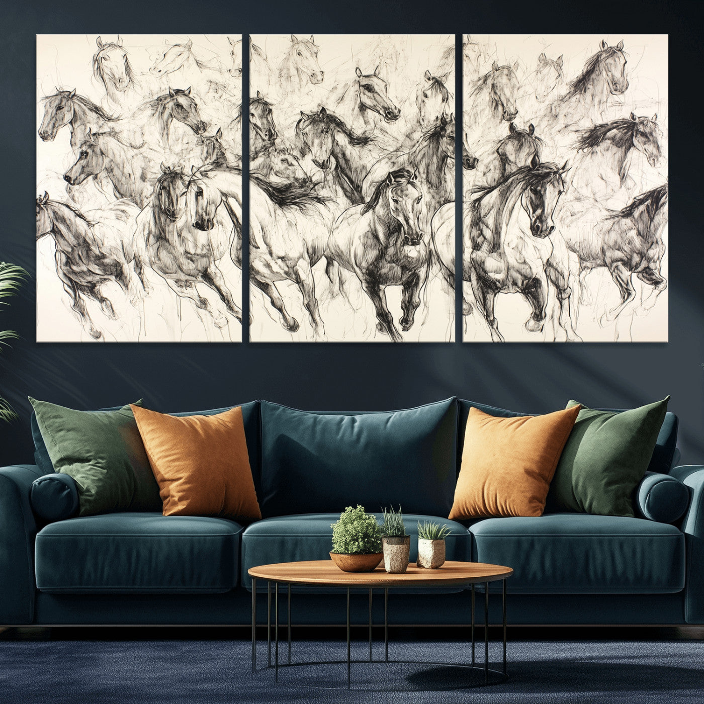 19433417-MGV-CV-36X24-Running Horses Wall Art Canvas Print, Framed Horse Sketch Art Picture Print, Galloping Herd Perfect Monochrome Western Decor