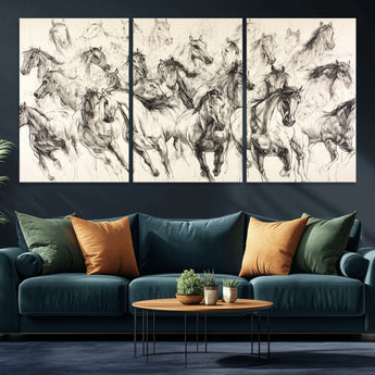 19433417-MGV-CV-36X24-Running Horses Wall Art Canvas Print, Framed Horse Sketch Art Picture Print, Galloping Herd Perfect Monochrome Western Decor