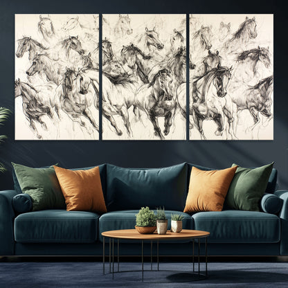 19433417-MGV-CV-36X24-Running Horses Wall Art Canvas Print, Framed Horse Sketch Art Picture Print, Galloping Herd Perfect Monochrome Western Decor