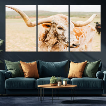 21060648-MGV-CV-36X24-Texas Longhorn Wall Art Canvas Print, Framed Speckled Cow Art Picture Print, Rustic Bull Perfect Rustic Western Decor Artwork