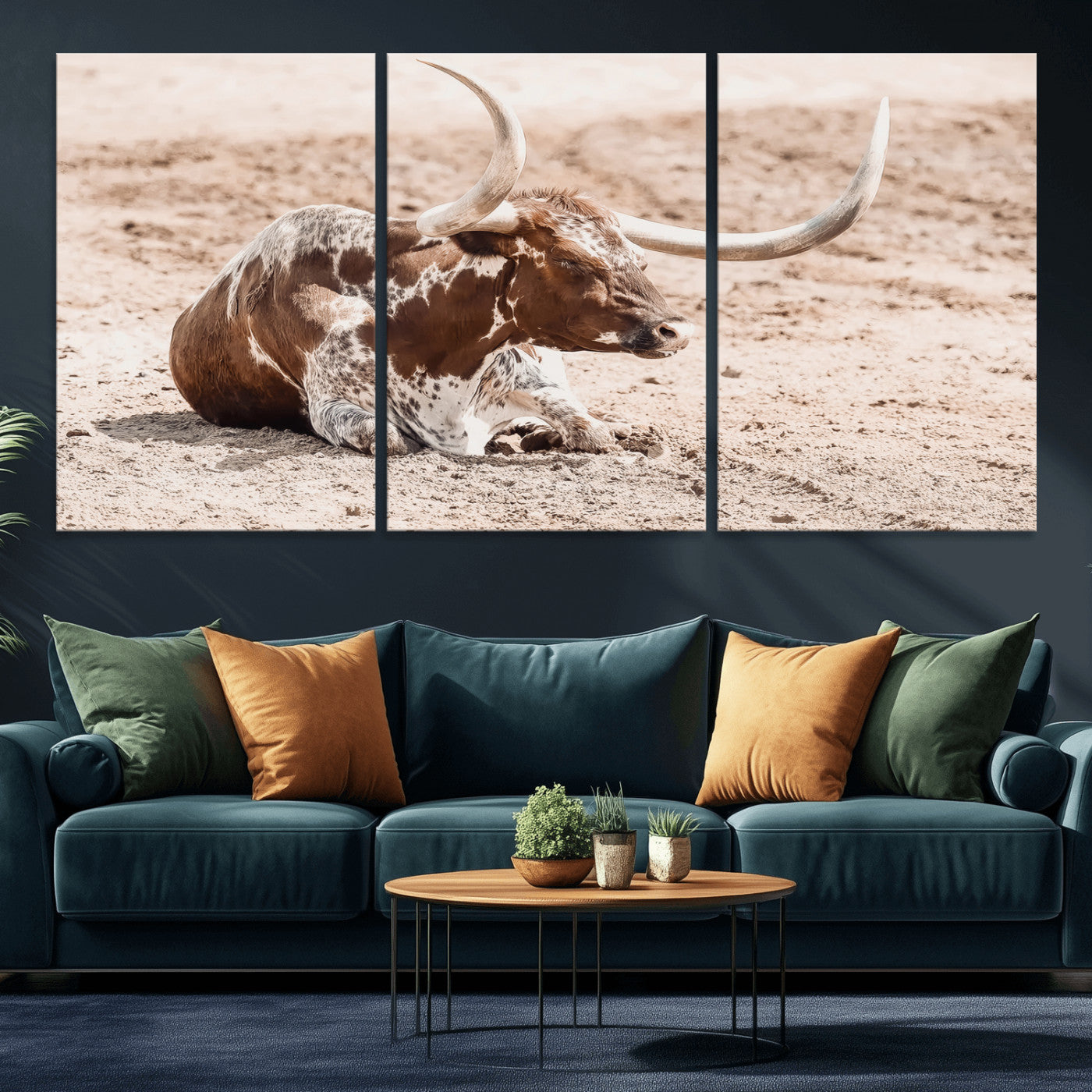 25407592-MGV-CV-36X24-Texas Longhorn Wall Art Canvas Print, Framed Resting Bull Art Picture Print, Spotted Cattle Perfect Rustic Western Decor Artwork