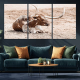 25407592-MGV-CV-36X24-Texas Longhorn Wall Art Canvas Print, Framed Resting Bull Art Picture Print, Spotted Cattle Perfect Rustic Western Decor Artwork