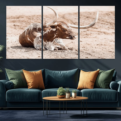 25407592-MGV-CV-36X24-Texas Longhorn Wall Art Canvas Print, Framed Resting Bull Art Picture Print, Spotted Cattle Perfect Rustic Western Decor Artwork