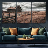 73898372-MGV-CV-36X24-Rustic Barn Wall Art Canvas Print, Framed Moody Field Art Picture Print, Weathered Fence Perfect Moody Farmhouse Decor Artwork