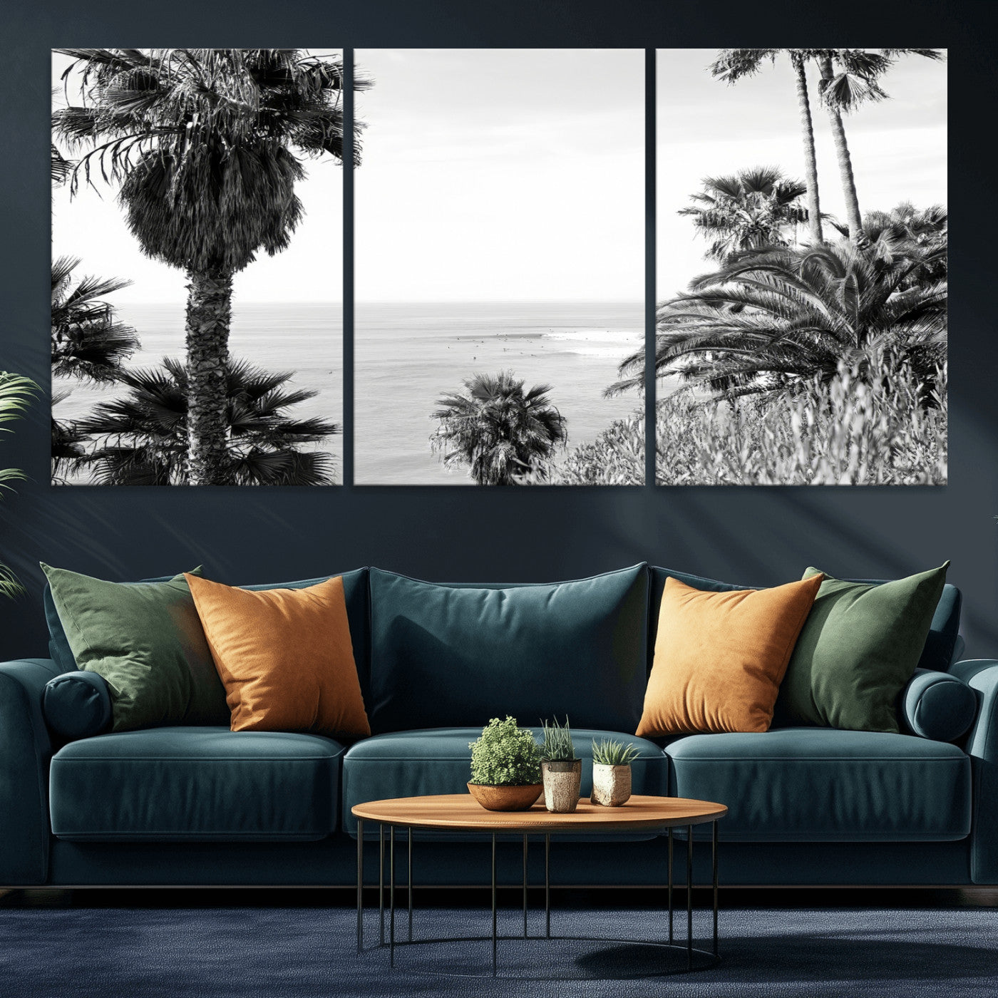 89458520-MGV-CV-36X24-Palm Trees Wall Art Canvas Print, Framed Coastal View Art Picture Print, Ocean Horizon Perfect Monochrome Coast Decor Artwork