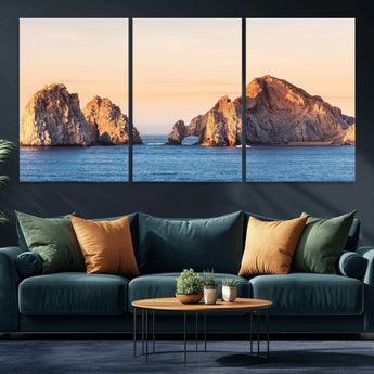 72996116-MGV-CV-36X24-El Arco Wall Art Canvas Print, Framed Cabo Rocks Art Picture Print, Ocean Arch Perfect Golden Coastal Landmark Decor Artwork