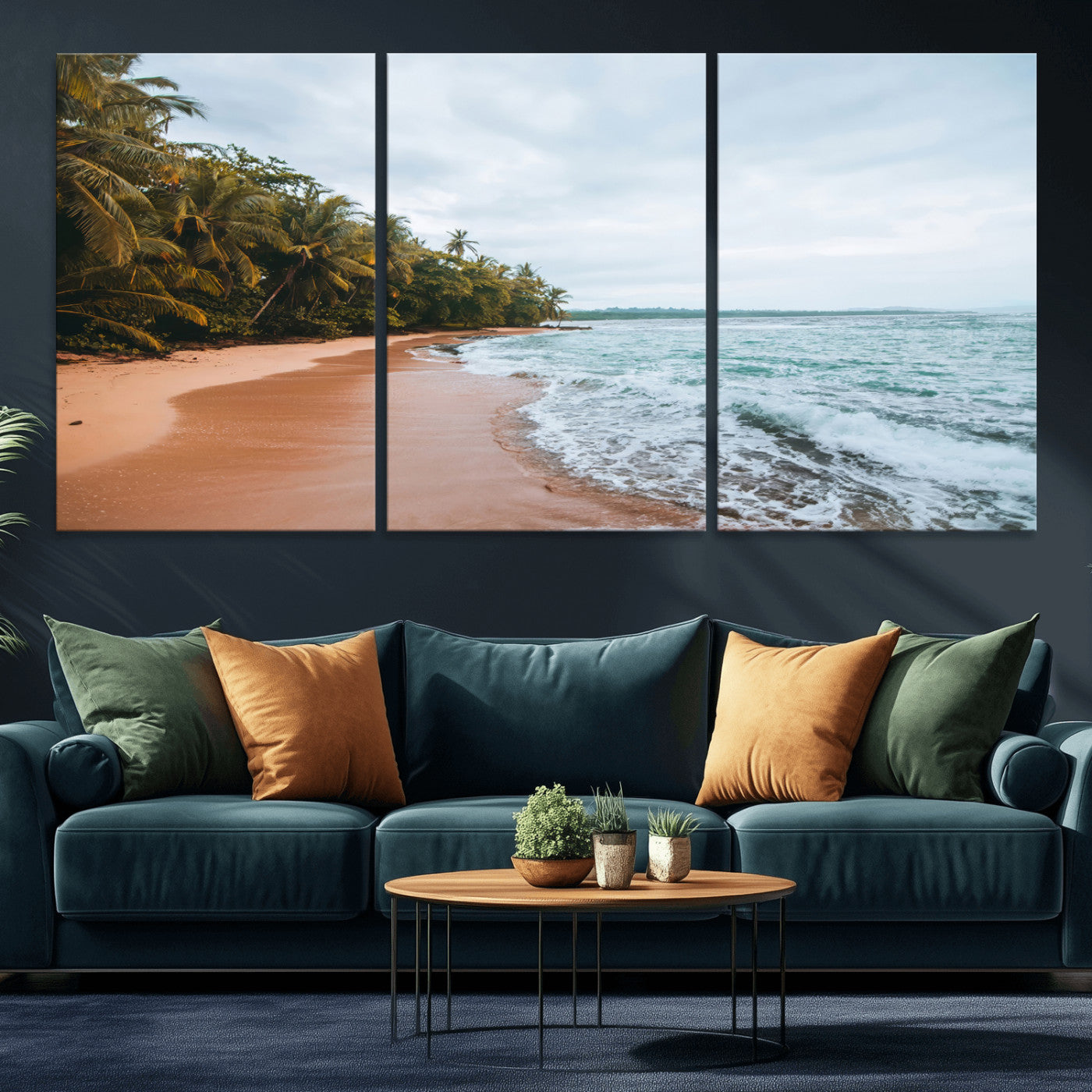 88125882-MGV-CV-60X30-3P-Tropical Shoreline Wall Art Canvas Print, Framed Palm Trees Art Picture Print, Tropical Ocean Perfect Tropical Coastal Decor