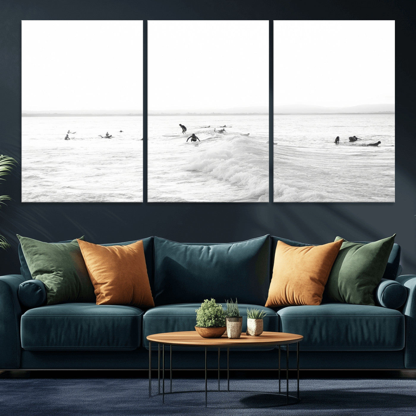 33449548-MGV-CV-36X24-Group Surfers Wall Art Canvas Print, Framed Ocean Wave Art Picture Print, Surf Crowd Perfect Monochrome Surf Decor Artwork