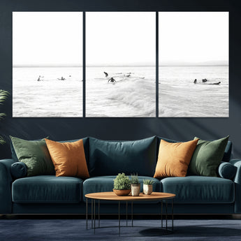 33449548-MGV-CV-36X24-Group Surfers Wall Art Canvas Print, Framed Ocean Wave Art Picture Print, Surf Crowd Perfect Monochrome Surf Decor Artwork