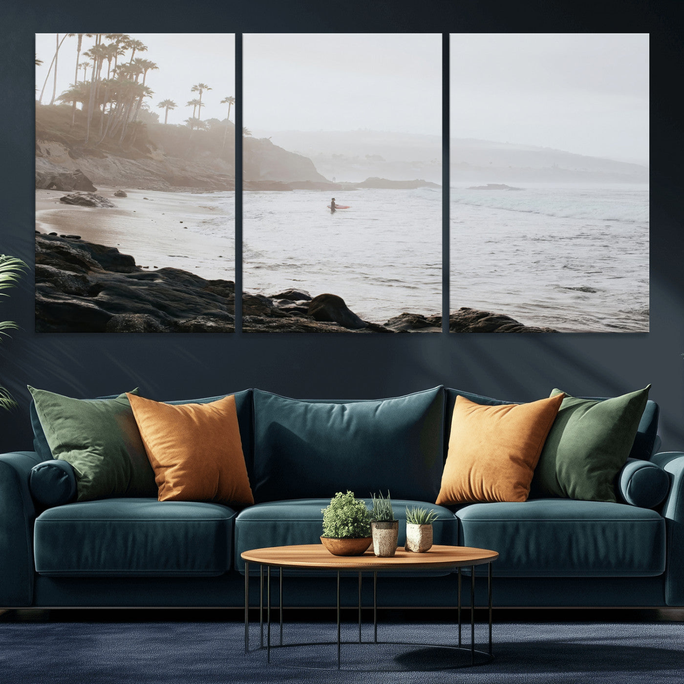 62501405-MGV-CV-36X24-Misty Beach Wall Art Canvas Print, Framed California Surfer Art Picture Print, Coastal Cliff Perfect Coastal Beach Decor Artwork