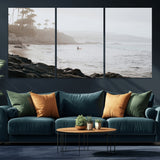 62501405-MGV-CV-36X24-Misty Beach Wall Art Canvas Print, Framed California Surfer Art Picture Print, Coastal Cliff Perfect Coastal Beach Decor Artwork