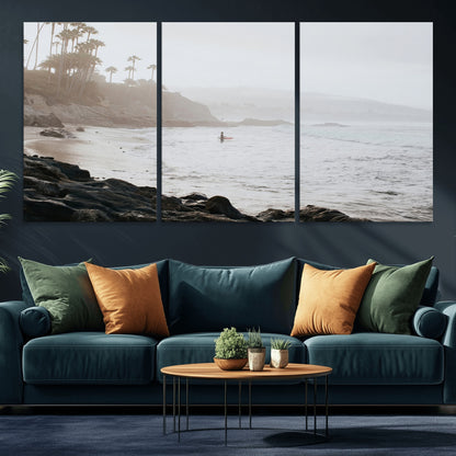 62501405-MGV-CV-36X24-Misty Beach Wall Art Canvas Print, Framed California Surfer Art Picture Print, Coastal Cliff Perfect Coastal Beach Decor Artwork