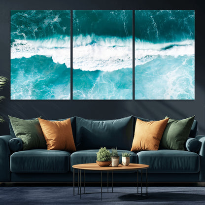 23828594-MGV-CV-36X24-Aerial Waves Wall Art Canvas Print, Framed Ocean Break Art Picture Print, Sea Foam Perfect Tropical Coastal Decor Artwork