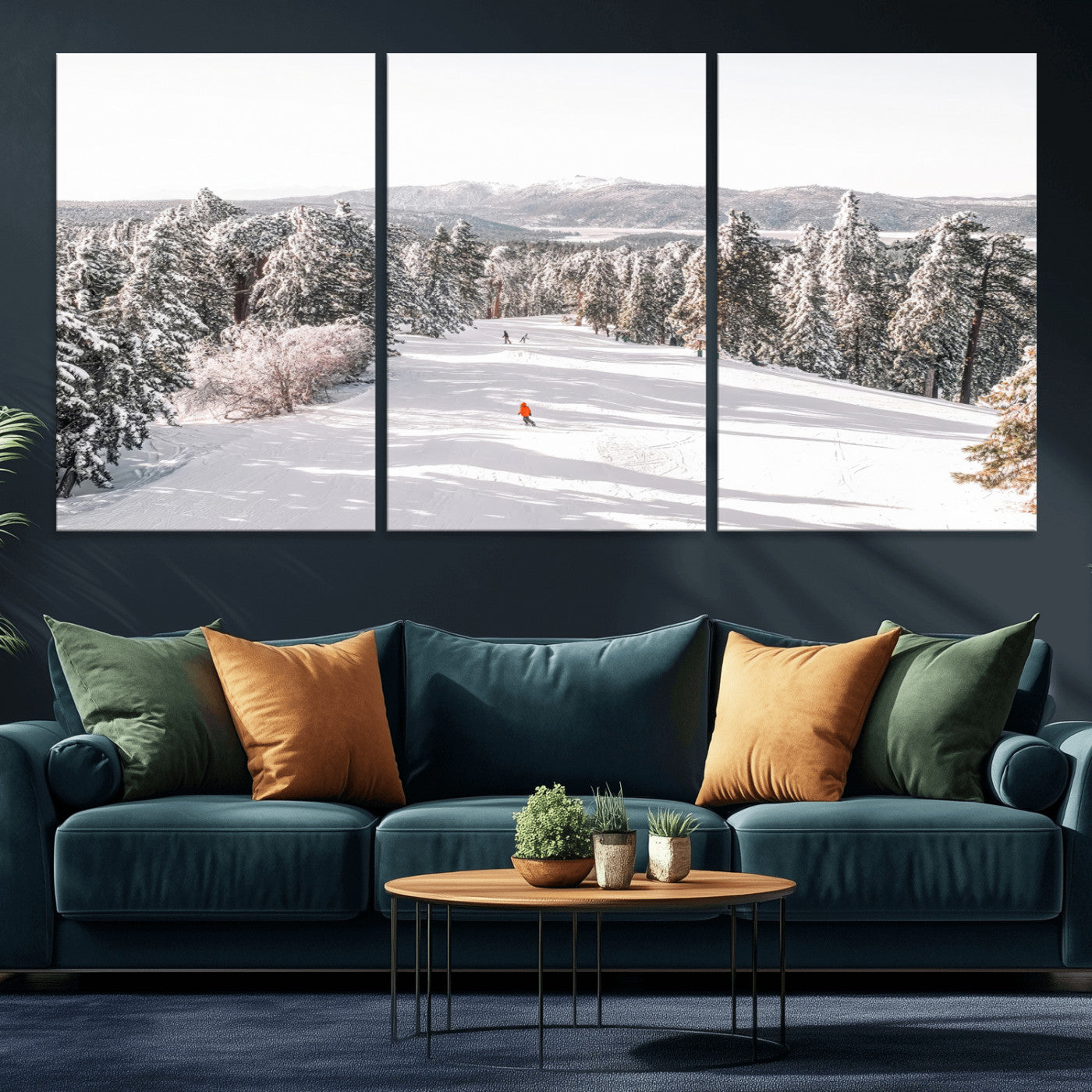 62119206-MGV-CV-60X30-3P-Snowy Trail Wall Art Canvas Print, Framed Ski Slope Art Picture Print, Winter Pines Perfect Alpine Adventure Decor Artwork