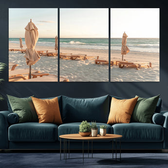 58507949-MGV-CV-36X24-Beach Umbrellas Wall Art Canvas Print, Framed Empty Loungers Art Picture Print, Soft Sand Perfect Minimalist Seaside Decor Artwork