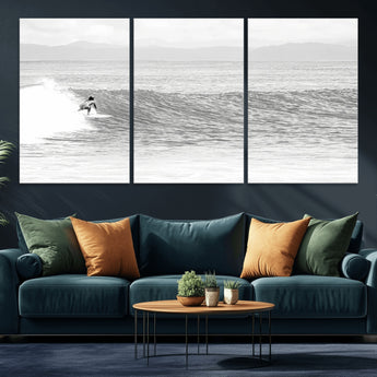 81535128-MGV-CV-36X24-Surfer Woman Wall Art Canvas Print, Framed Black Ocean Art Picture Print, Ocean Surfing Perfect Monochrome Coastal Decor Artwork