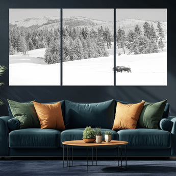 68081143-MGV-CV-36X24-Snowy Bison Wall Art Canvas Print, Framed Winter Forest Art Picture Print, Lone Bison Perfect Monochrome Winter Wild Decor Artwork