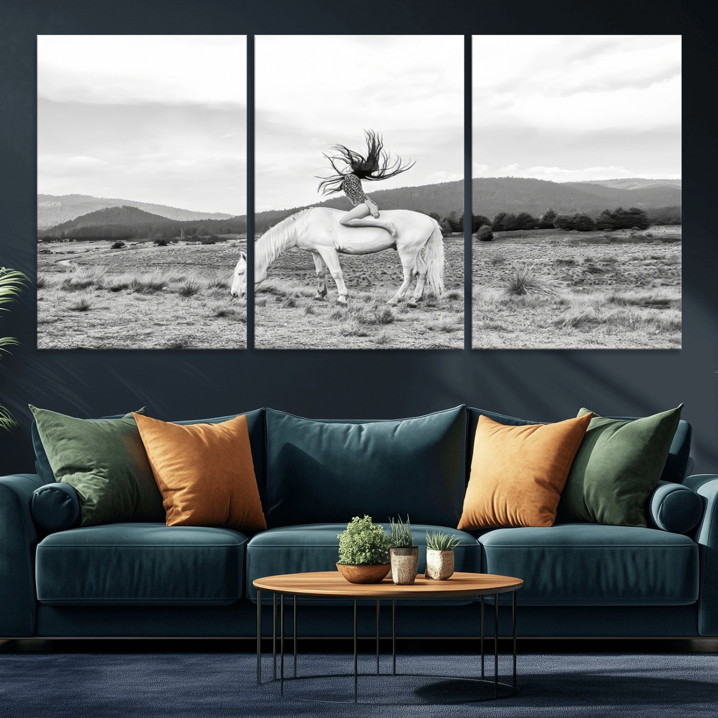 62789800-MGV-CV-36X24-White Horse Wall Art Canvas Print, Framed Woman Rider Art Picture Print, Equestrian Pose Perfect Western Boho Decor Artwork