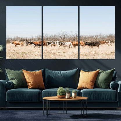 16563092-MGV-CV-36X24-Texas Longhorns Wall Art Canvas Print, Framed Western Cattles Art Picture Print, Rustic Herd Perfect Rustic Farmhouse Decor