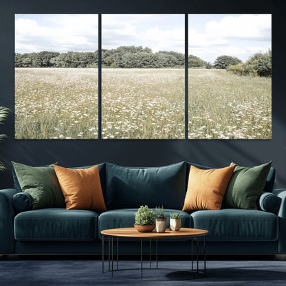 43258946-MGV-CV-36X24-Daisy Field Wall Art Canvas Print, Framed Pastel Flower Art Picture Print, Meadow Bloom Perfect Scandinavian Minimalist Decor