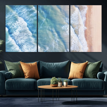 17641845-MGV-CV-36X24-Aerial Ocean Wall Art Canvas Print, Framed Blue Waves Art Picture Print, Sandy Shoreline Perfect Modern Coastal Decor Artwork