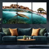 44200301-MGV-CV-36X24-Sea Turtle Swim Wall Art Canvas Print, Framed Ocean Life Art Picture Print, Tropical Shoreline Perfect Tropical Coastal Decor