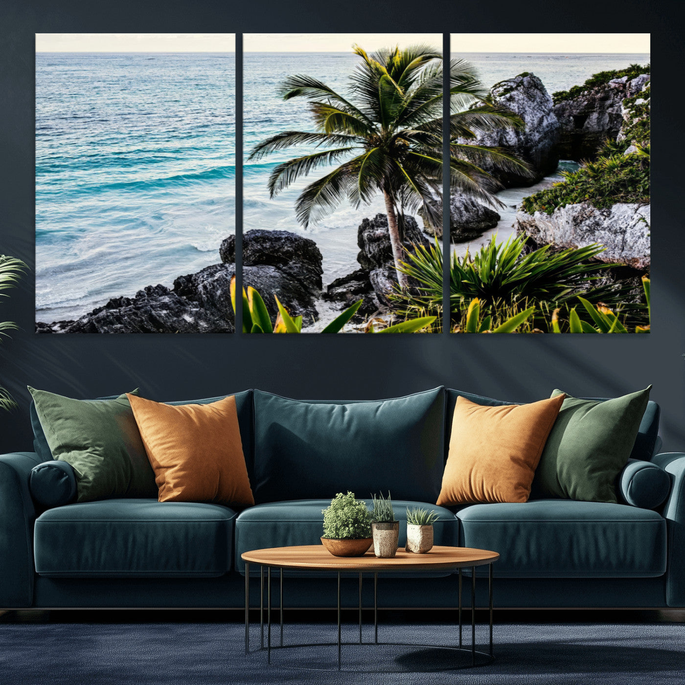 94669907-MGV-CV-36X24-Tropical Coastline Wall Art Canvas Print, Framed Palm Tree Art Picture Print, Rocky Beach Perfect Tropical Coastal Decor Artwork