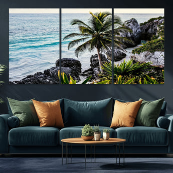 94669907-MGV-CV-36X24-Tropical Coastline Wall Art Canvas Print, Framed Palm Tree Art Picture Print, Rocky Beach Perfect Tropical Coastal Decor Artwork