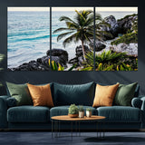 94669907-MGV-CV-36X24-Tropical Coastline Wall Art Canvas Print, Framed Palm Tree Art Picture Print, Rocky Beach Perfect Tropical Coastal Decor Artwork