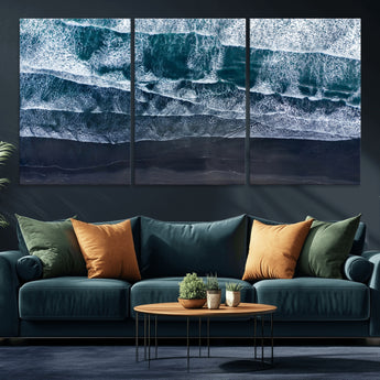 87941475-MGV-CV-36X24-Black Beach Wall Art Canvas Print, Framed Aerial Ocean Art Picture Print, Moody Coastal Perfect Modern Coastal Decor Artwork