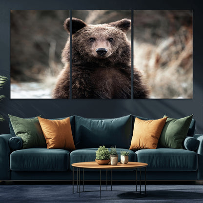 47112103-MGV-CV-36X24-Brown Bear Wall Art Canvas Print, Framed Forest Wildlife Art Picture Print, Woodland Bear Perfect Rustic Cabin Decor Artwork