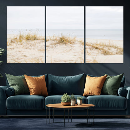 13146857-MGV-CV-36X24-Beach Dunes Wall Art Canvas Print, Framed Soft Horizon Art Picture Print, Coastal Grass Perfect Minimalist Coastal Decor Artwork