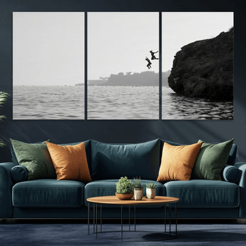 52284302-MGV-CV-36X24-Cliff Jumping Wall Art Canvas Print, Framed Ocean Adventure Art Picture Print, Black White Coast Perfect Modern Coastal Decor