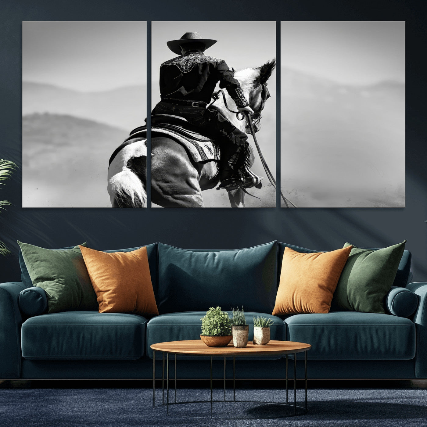 83102464-MGV-CV-36X24-Western Cowboy Wall Art Canvas Print, Framed Monochrome Horse Art Picture Print, Western Equestrian Perfect Rustic Western Decor