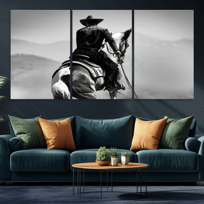 83102464-MGV-CV-36X24-Western Cowboy Wall Art Canvas Print, Framed Monochrome Horse Art Picture Print, Western Equestrian Perfect Rustic Western Decor