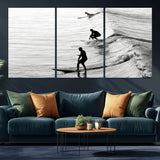 19875284-MGV-CV-36X24-Surfer Waves Wall Art Canvas Print, Framed Black White Surf Art Picture Print, Monochrome Ocean Perfect Modern Coastal Decor