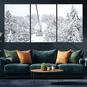 44705668-MGV-CV-36X24-Winter Forest Wall Art Canvas Print, Framed Snowy Forest Art Picture Print, Ski Lift Perfect Scandinavian Decor Artwork