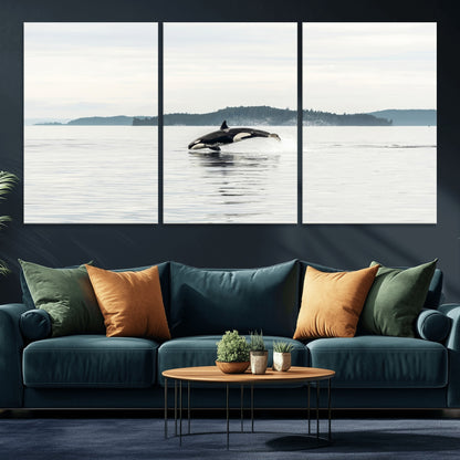 10157174-MGV-CV-36X24-Orca Whale Wall Art Canvas Print, Framed Black White Whale Art Picture Print, Minimalist Ocean Perfect Coastal Minimalist Decor