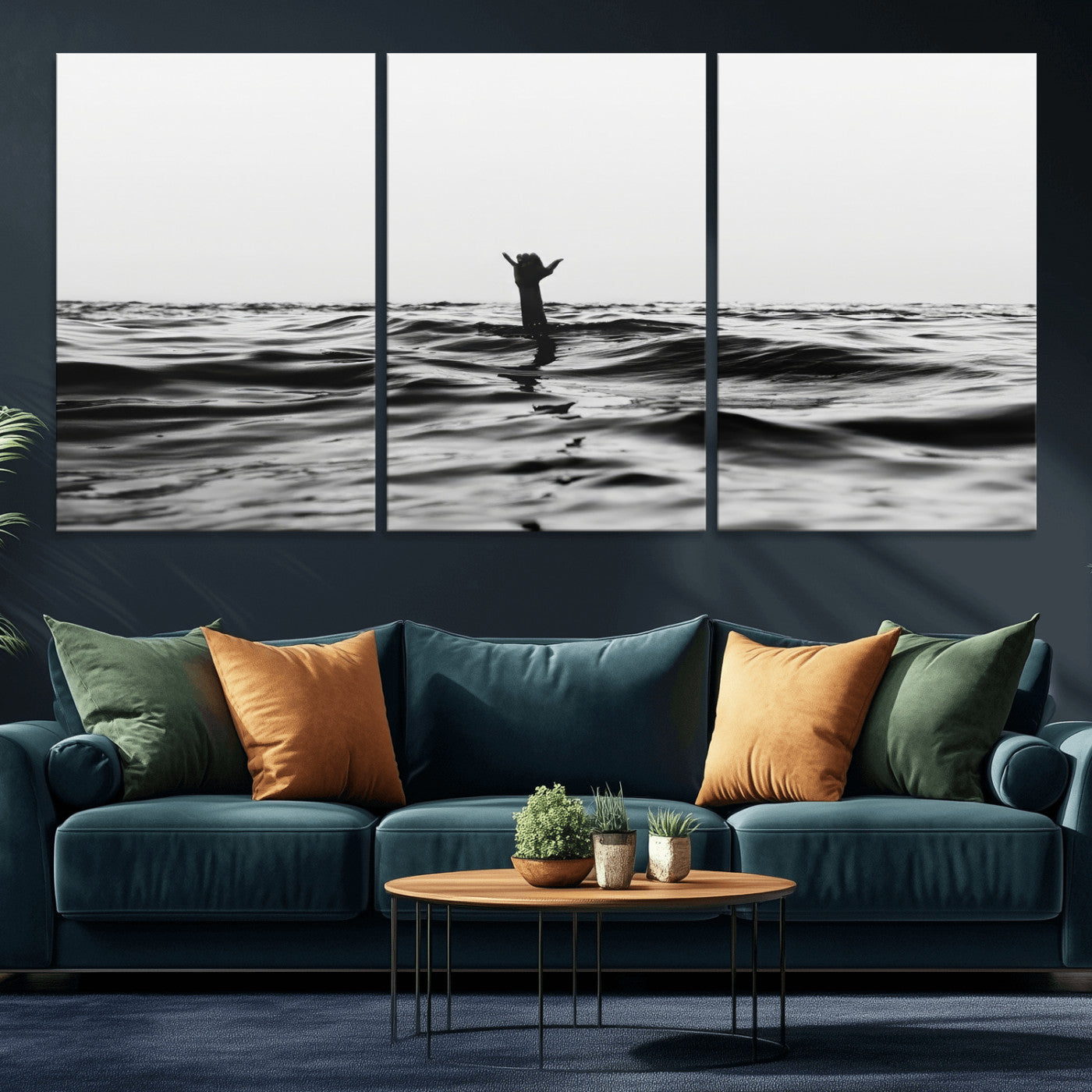 69541918-MGV-CV-36X24-Black White Ocean Wall Art Canvas Print, Framed Moody Seascape Art Picture Print, Surfer Sign Perfect Moody Minimalist Decor