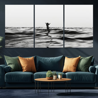 69541918-MGV-CV-36X24-Black White Ocean Wall Art Canvas Print, Framed Moody Seascape Art Picture Print, Surfer Sign Perfect Moody Minimalist Decor