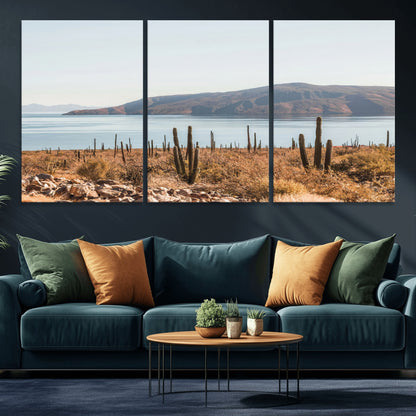 45193515-MGV-CV-36X24-Desert Cactus Wall Art Canvas Print, Framed Baja Coastline Art Picture Print, Coastal Desert Perfect Southwestern Minimalist Decor