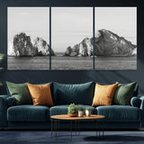 18810731-MGV-CV-36X24-Rugged Coastline Wall Art Canvas Print, Framed Ocean Cliffs Art Picture Print, Monochrome Seascape Perfect Coastal Minimalist