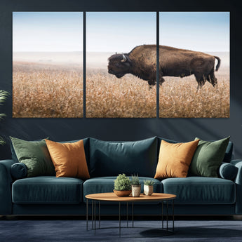 99620201-MGV-CV-36X24-Wild Bison Wall Art Canvas Print, Framed Bison in Prairie Art Picture Print, Rustic Western Perfect Rustic Western Decor Artwork